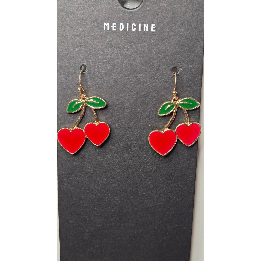 Medicine Red Heart Cherry Drop Earrings Gold Tone Enamel‎ Fruit Dangle Womens